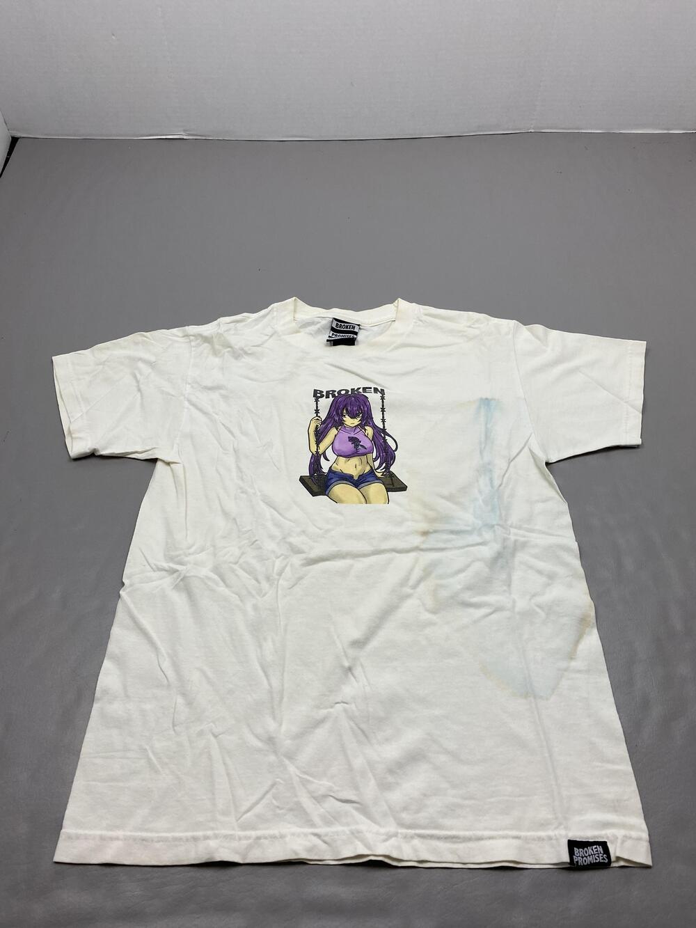 Broken Promises Shirt Mens M White Graphic Print Anime Girl Swing Logo